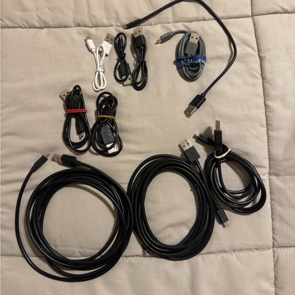 Assorted USB Charging Cables - Black, White, Blue